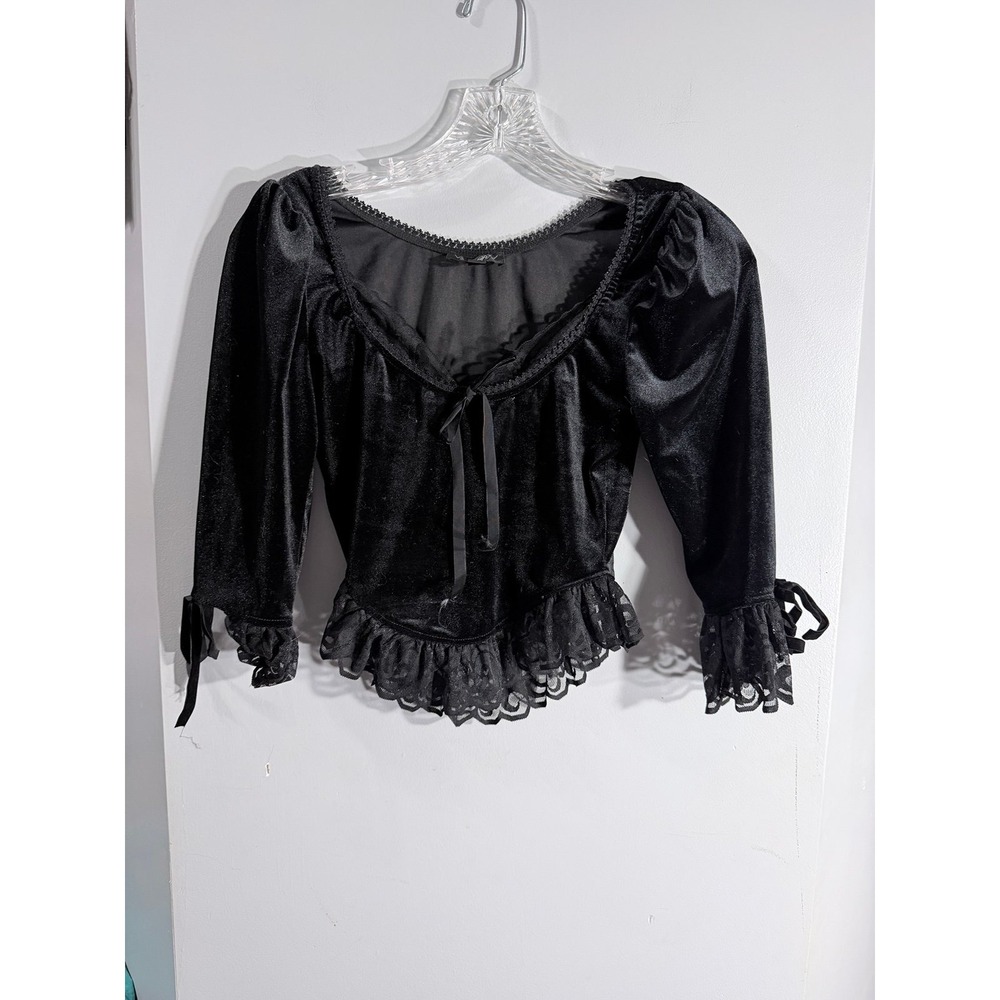 WIDOW gothic steampunk Black Velvet Puff Sleeve Lace Trimmed Blouse size XS